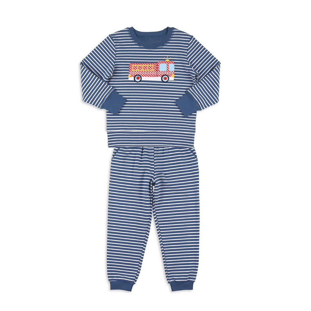 presale BLP1297 Baby Boys Blue Stripe Fire Truck Top Pants Pajamas Sets D 923