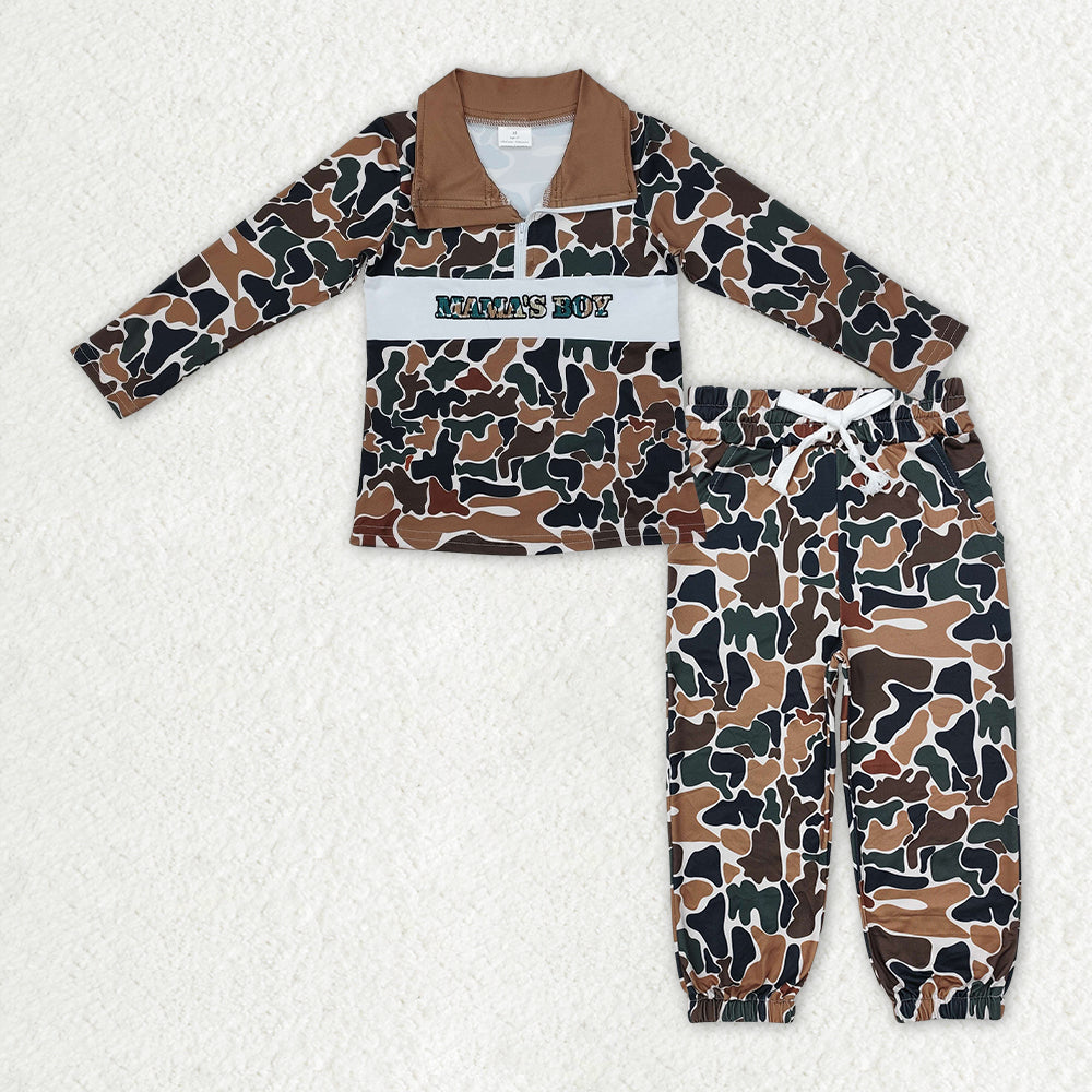 BLP1325 Embroidery Mama's Boy Baby Boys Dark Brown Camo Zipper Pullover Pockets Jogger Clothes Set D 1016