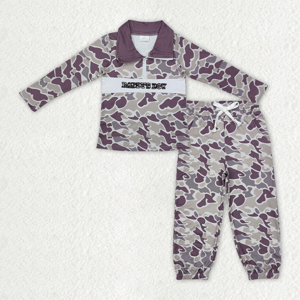 Sibling Baby Boys Camo Embroidery Mama's Boy Ducks Dogs Zipper Pullover Pockets Jogger Hunting Clothes Set D 1016