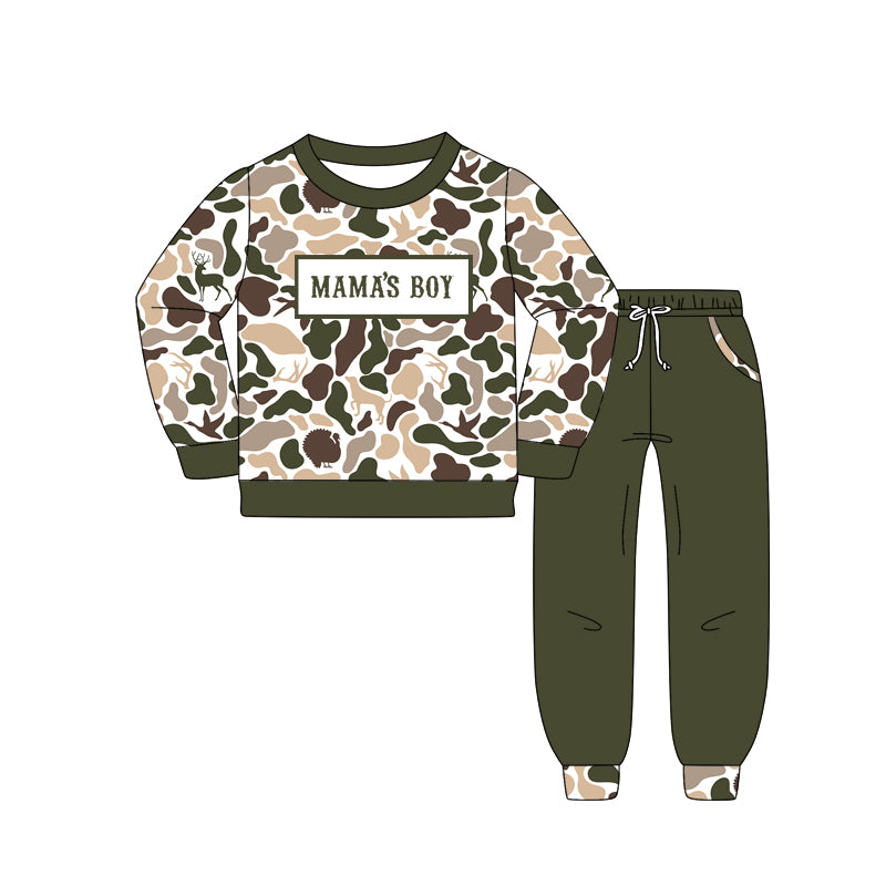 BLP1338 Baby Boys Deer Ducks Camo Mama's Boy Top Pockets Jogger Pants Clothes Sets D 1017
