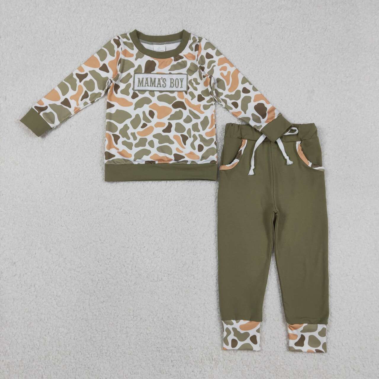 Match Baby Boys Embroidery Mama's Boy Camo Top Pockets Pants Clothes Sets D 1211