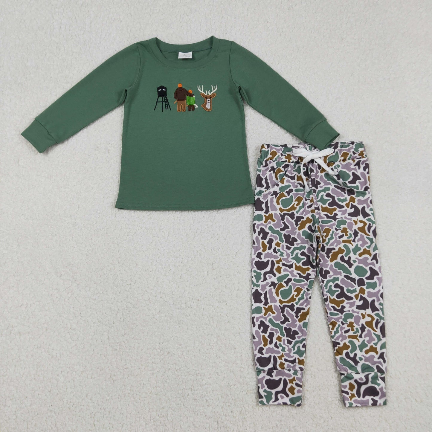Baby Boys Camo Jogger Pants And Hunting Top Set with Embroidery Deer Pockets Cute Outfit for Little Hunters