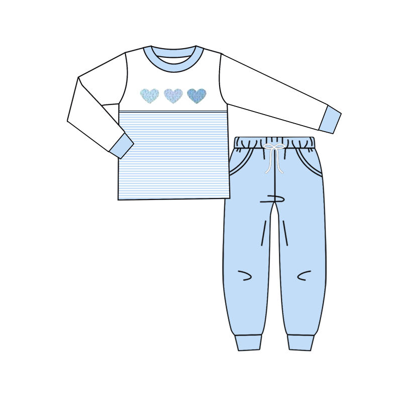 presale BLP1365 Baby Boys Blue Hearts Top Pockets Jogger Pants Valentine Clothes Sets D 1103