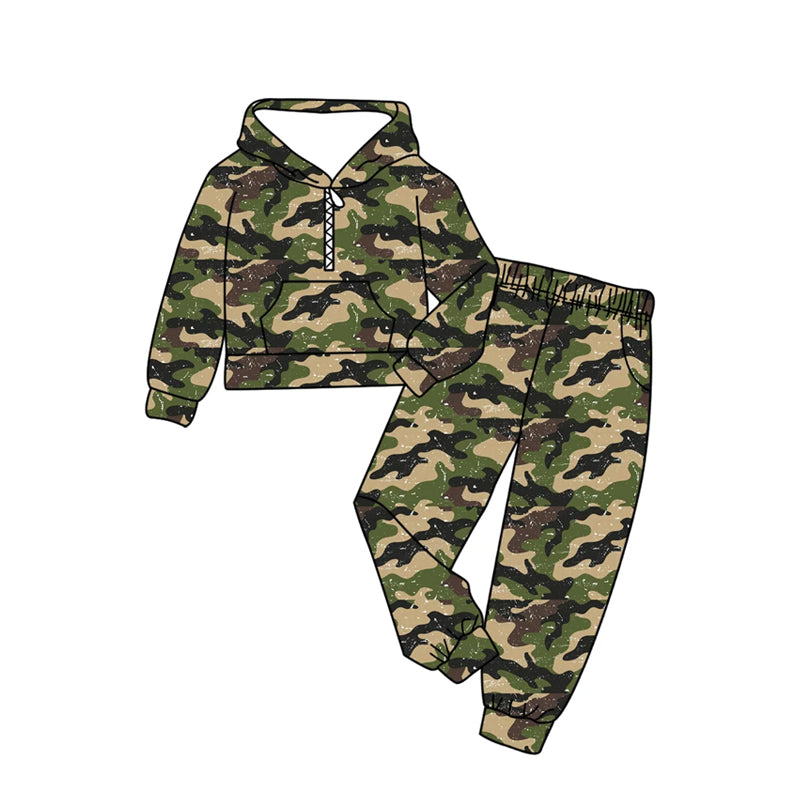 presale BLP1371 Baby Boys Dark Green Camo Zip Pockets Hoodies Pants Hunting Clothes Sets D 1106