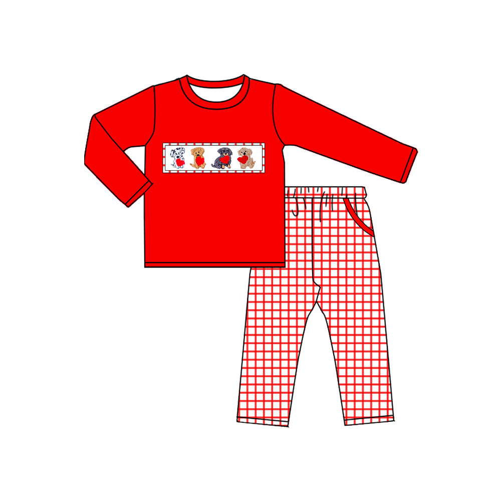 presale BLP1373 Baby Boys Hearts Dogs Top Pockets Checked Pants Valentine Clothes Sets D 1106