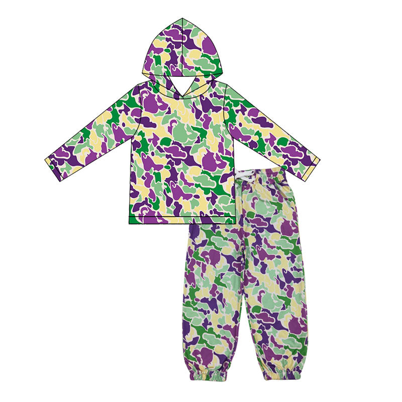 presale BLP1381 Baby Boys Mardigras Camo Hoodies Top Pockets Jogger Pants Clothes Sets D 1127