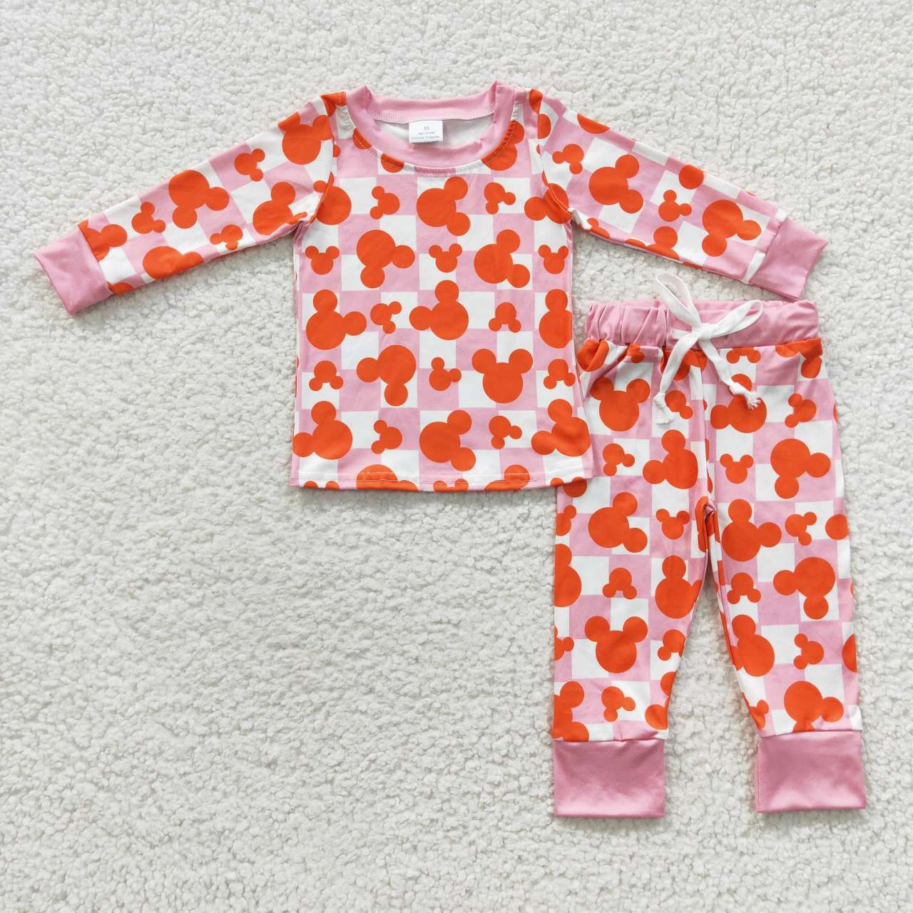 GLP0438 Cartoon Mickey Print Pink and White Plaid Long-sleeved Trousers Set
