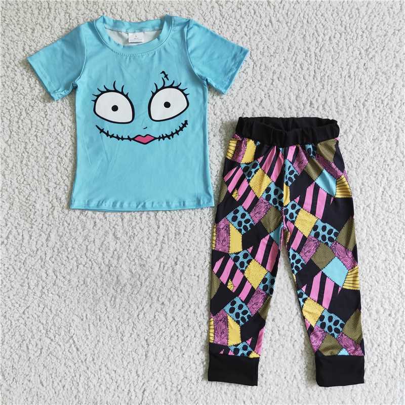 BSPO0022 Blue short-sleeved patchwork trousers suit