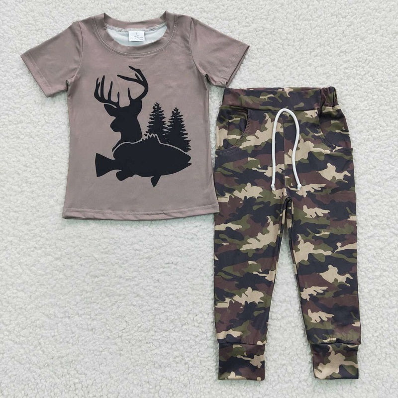 BSPO0108 Boys Deer Fish Hunting Camouflage Short Sleeve Trousers Set D 5.15