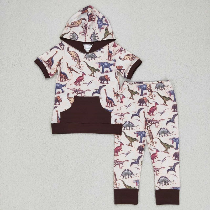 BSPO0152 Dinosaur Brown Pocket Hooded Short Sleeve Pants Suit