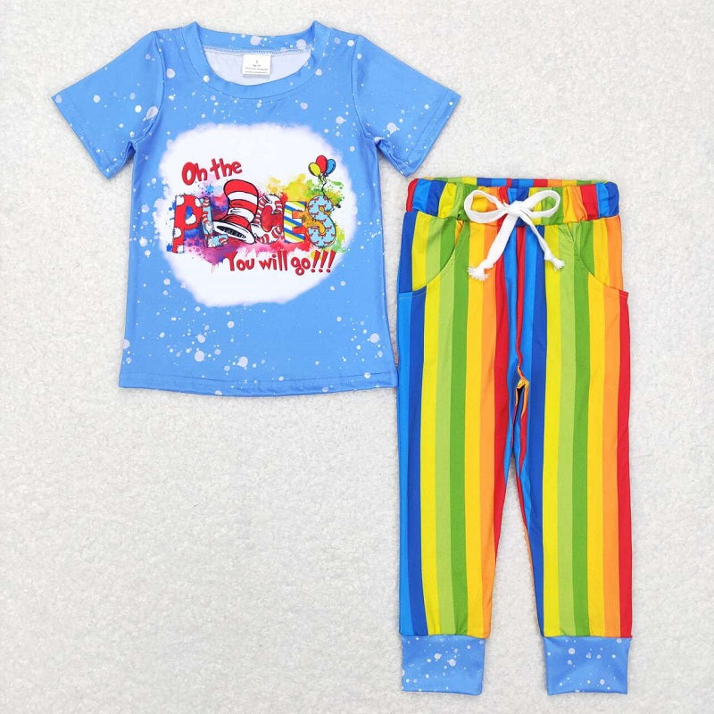 BSPO0176 Boys Alphabet Blue Short Sleeve Colorful Striped Pants Suit