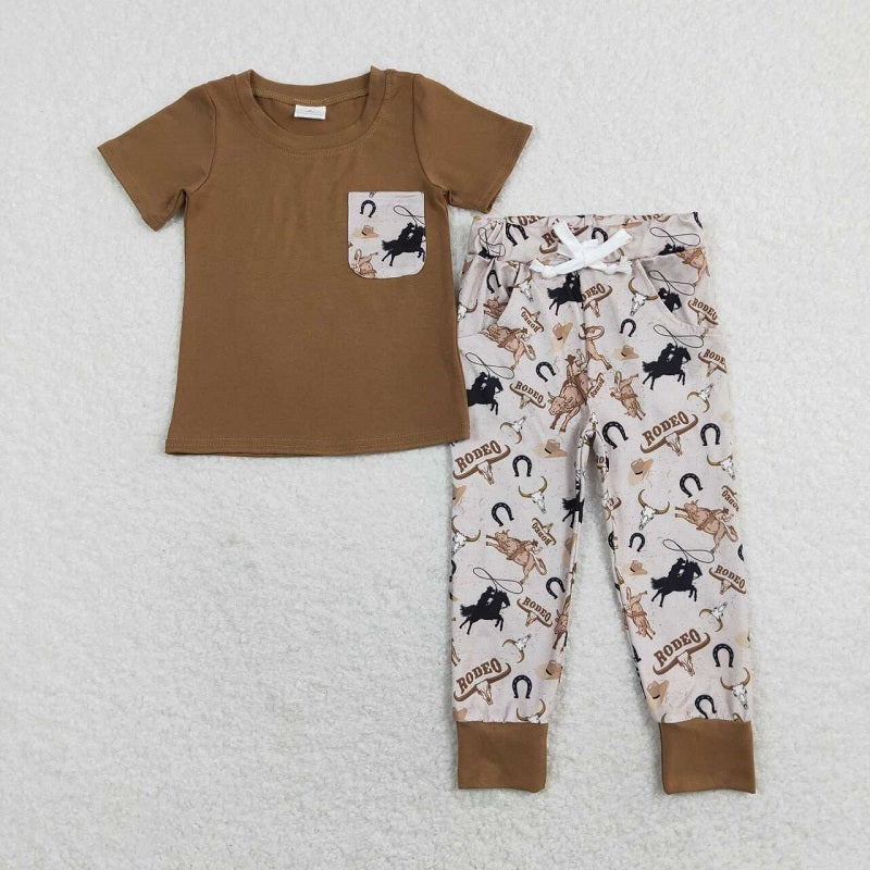 BSPO0198 Riding Cow Head Pocket Brown Short Sleeve Pants Suit