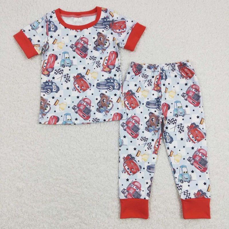 BSPO0315 Cartoon car star blue and white plaid short-sleeved trousers suit