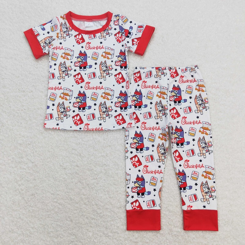 BSPO0347 Fried Chicken Star Red and White Short Sleeve Long Pants Pajama Set D 6.5