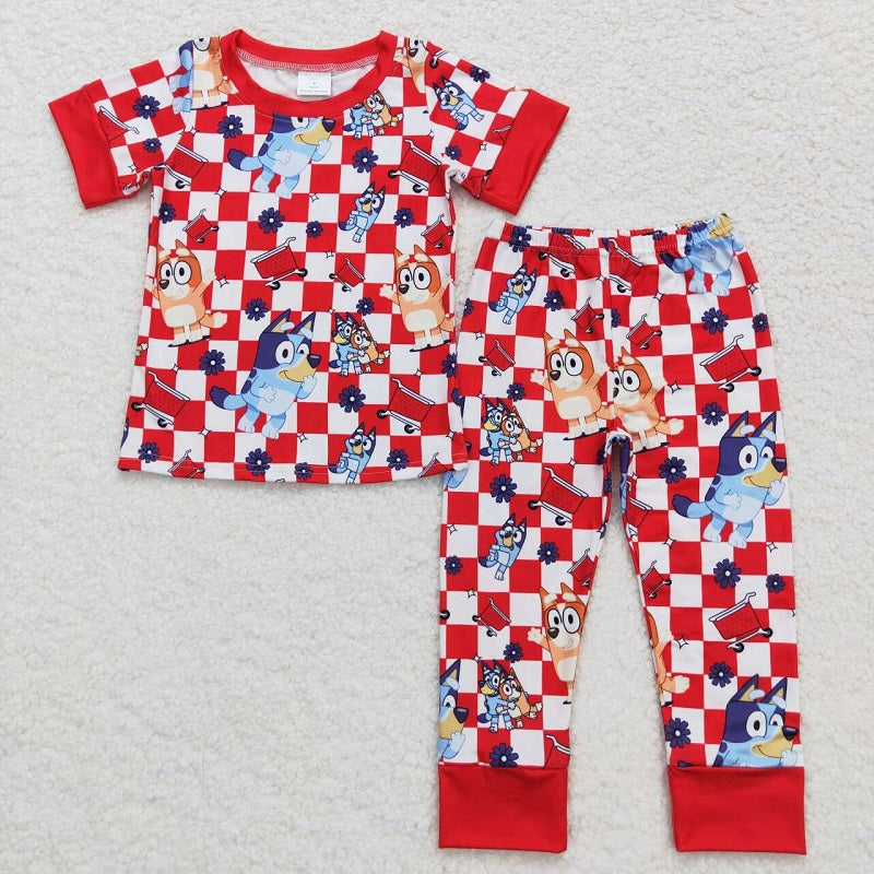 BSPO0355 Red and white plaid short-sleeved trousers pajama set