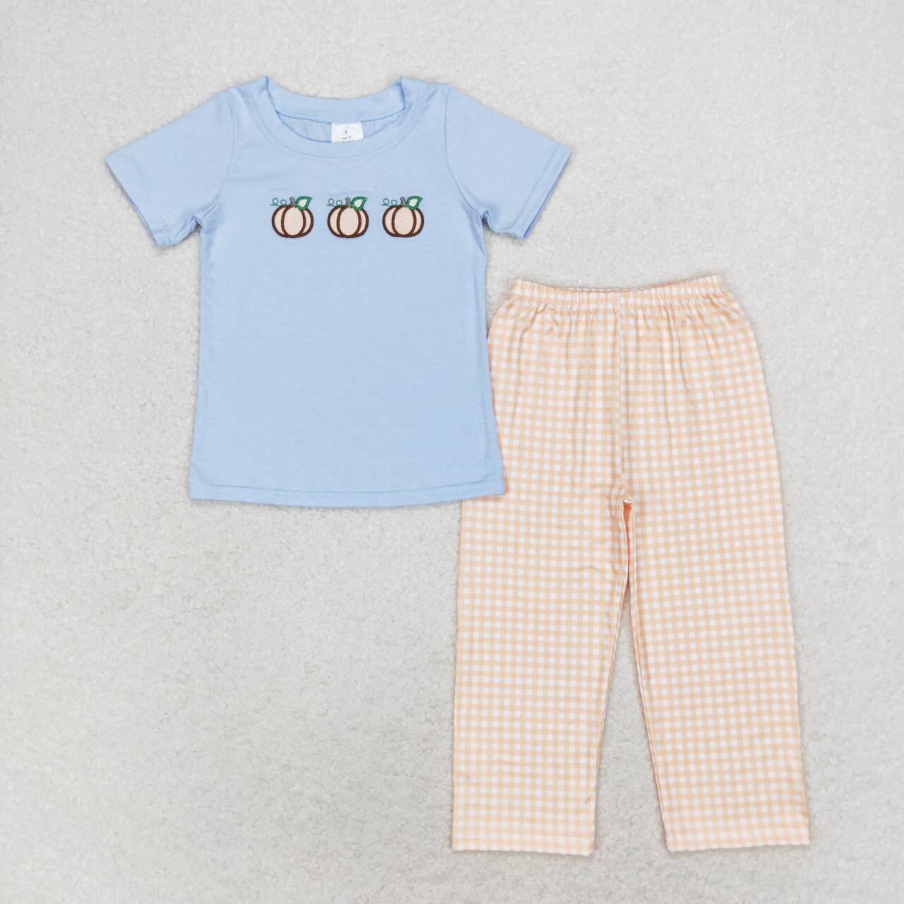 BSPO0371 Pumpkin Blue Short Sleeve Orange Plaid Pants Suit