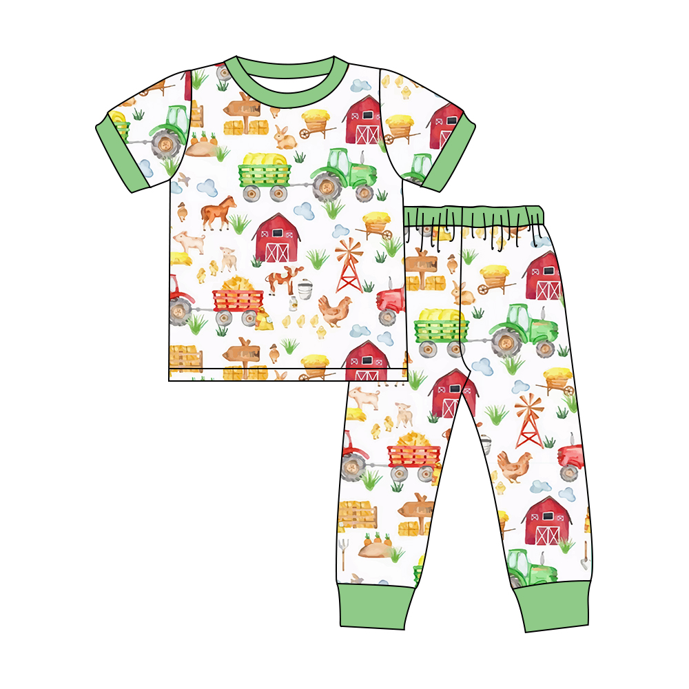 presale BSPO0386 Farm Animal Red House Tractor Green White Short Sleeve Long Pants Pajama Set