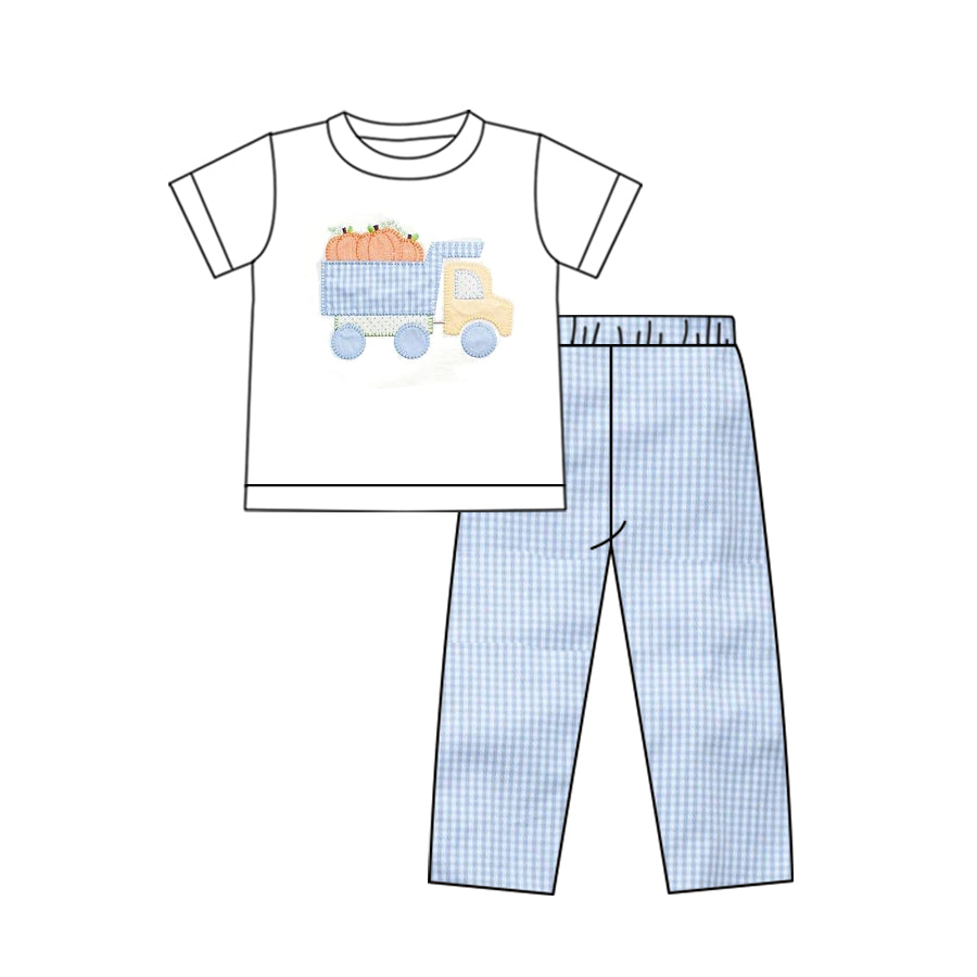 BSPO0398 Pumpkin Truck White Short Sleeve Blue Plaid Pants Suit D 6.21