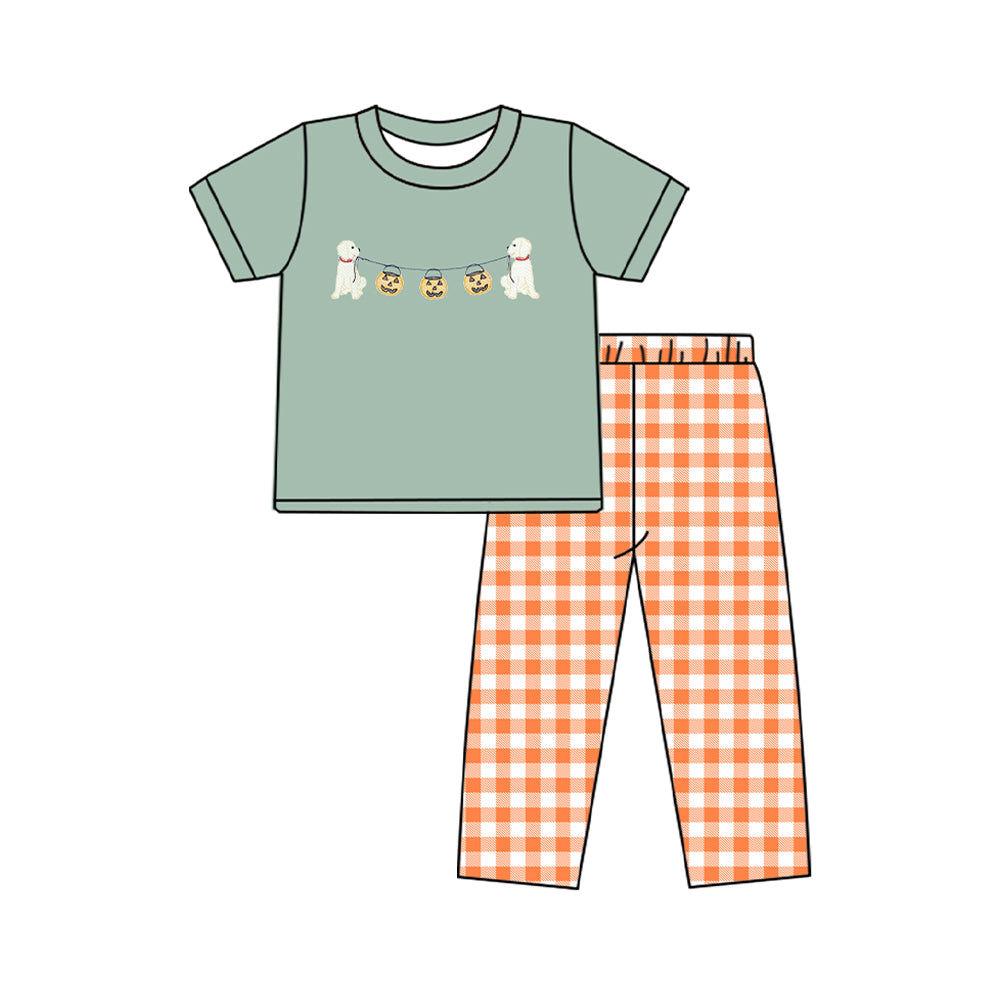 BSPO0405 Halloween Pumpkin Lantern Puppy Blue Green Short Sleeve Orange Plaid Pants Suit
