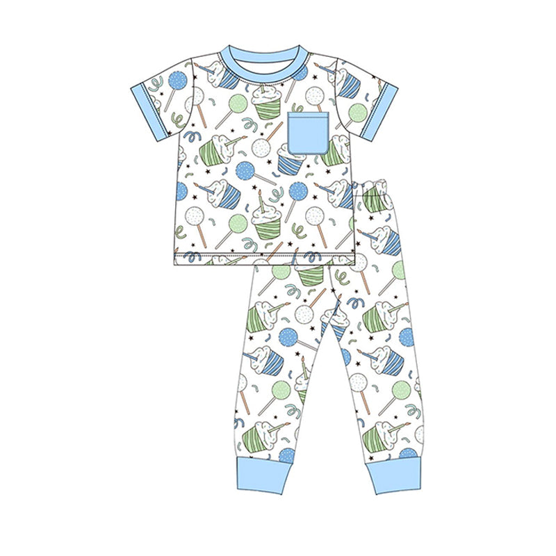 BSPO0410 Birthday Candle Cake Blue Pocket Short Sleeve Long Pants Pajama Set