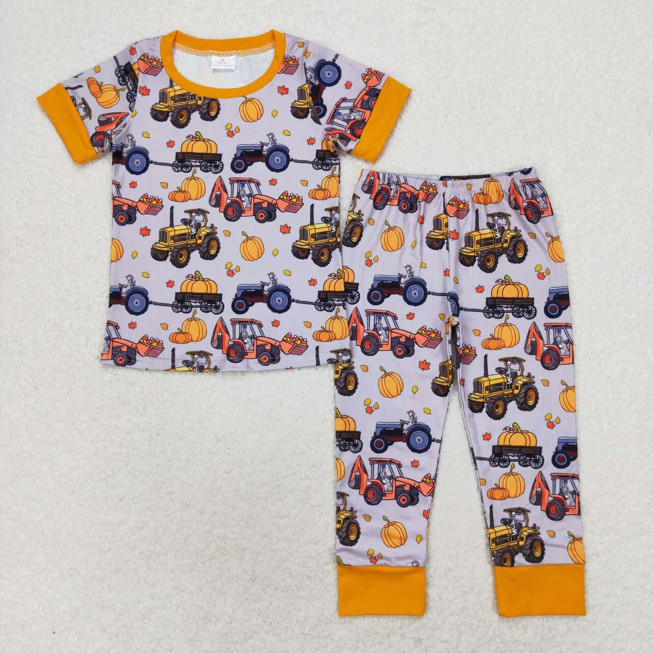 BSPO0422 Pumpkin Truck Tractor Orange Gray Short Sleeve Long Pants Pajama Set