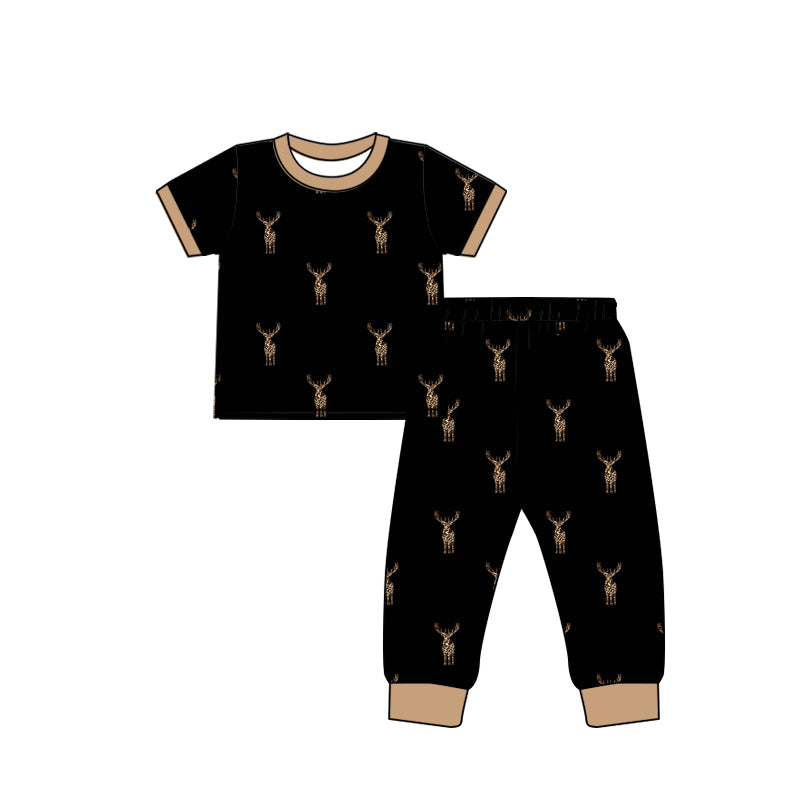 BSPO0440 Bamboo Deer Brown Black Short Sleeve Long Pants Pajama Set