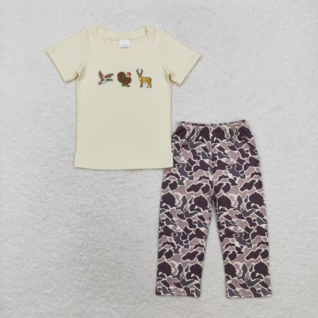 BSPO0445 Embroidered duck turkey deer beige short-sleeved camouflage pants suit