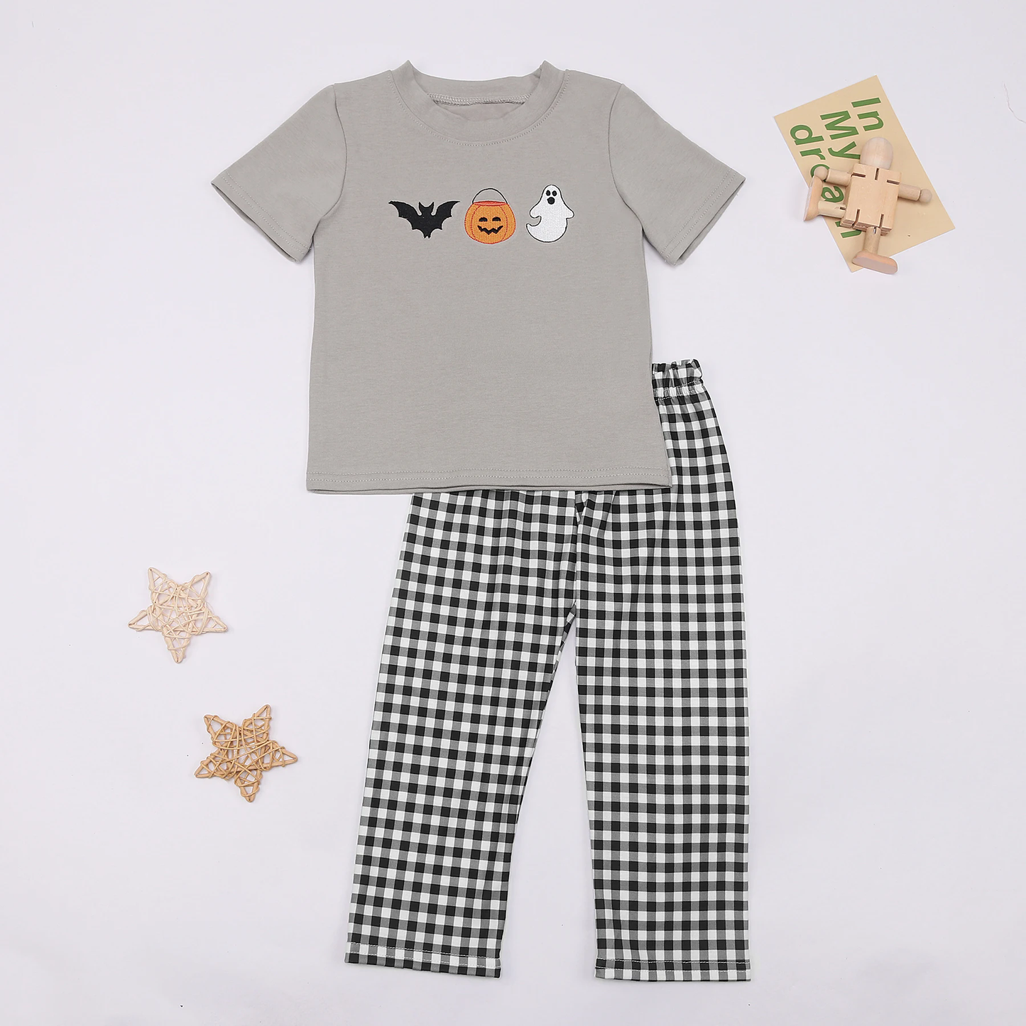 presale BSPO0458 Bat Pumpkin Ghost Grey Short Sleeve Plaid Pants Suit
