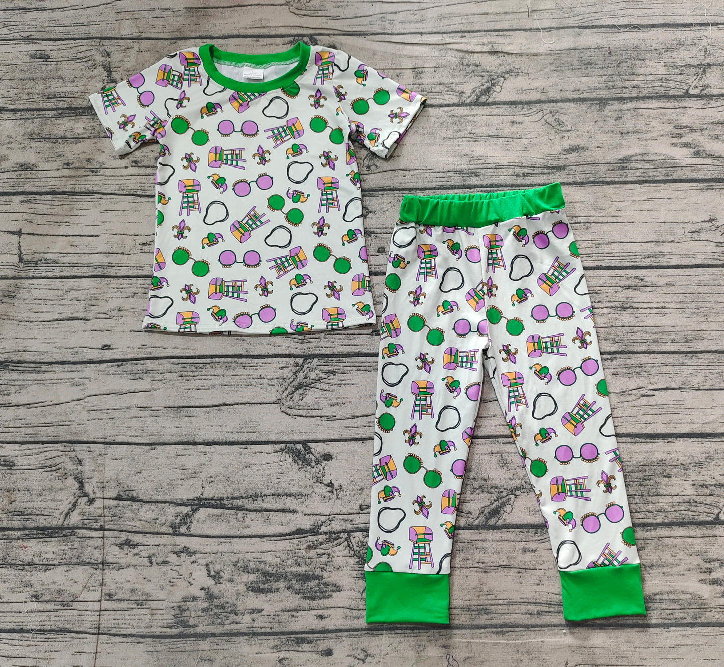 BSPO0495 Baby Boys Green Mardi Gras Top Pants Pajamas Clothes Sets