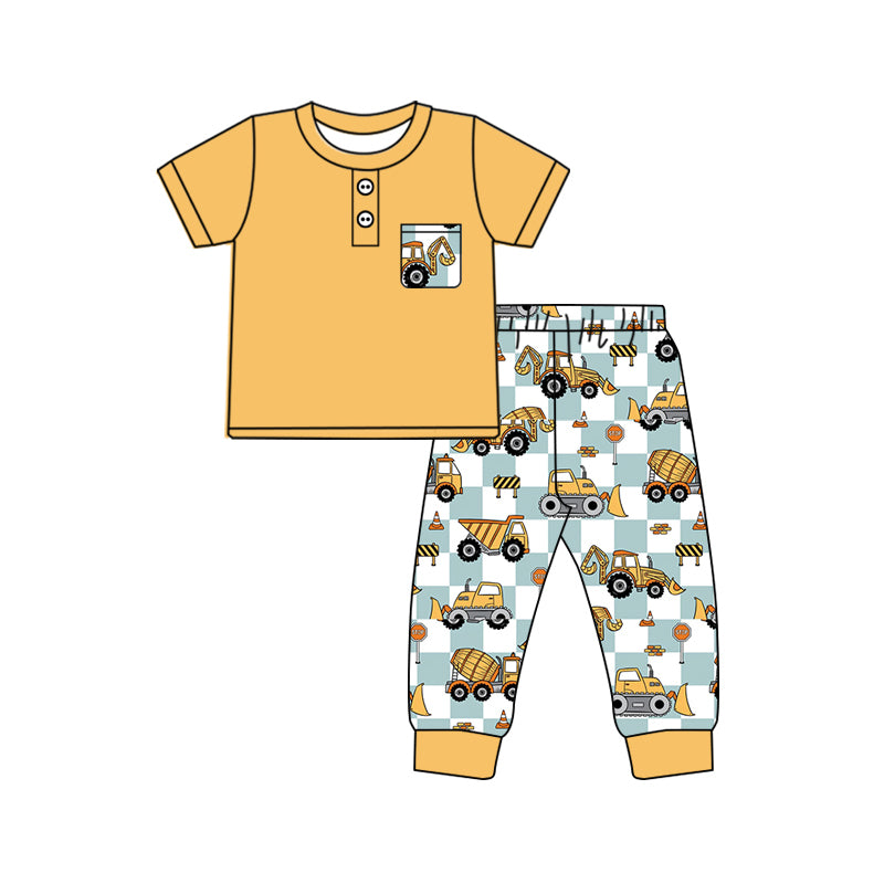 presale BSPO0504 Engineering Vehicle Blue and White Plaid Pocket Yellow Short Sleeve Trousers Suit 2024 10.10