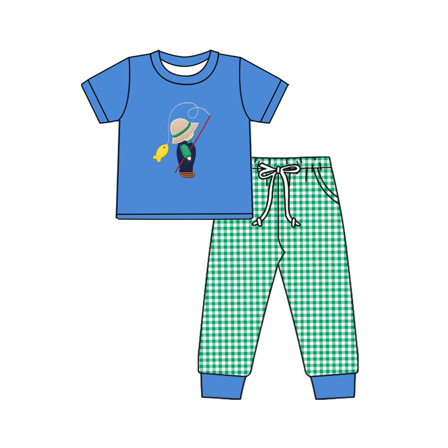 BSPO0506 Embroidery Baby Boys Blue Fishing Shirt Checkered Pants Clothes Sets D 906