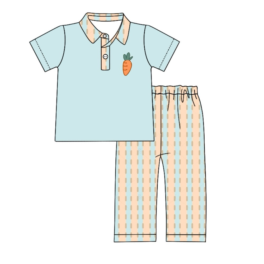 BSPO0528 Easter Carrot Blue Short Sleeve Striped Pants Suit