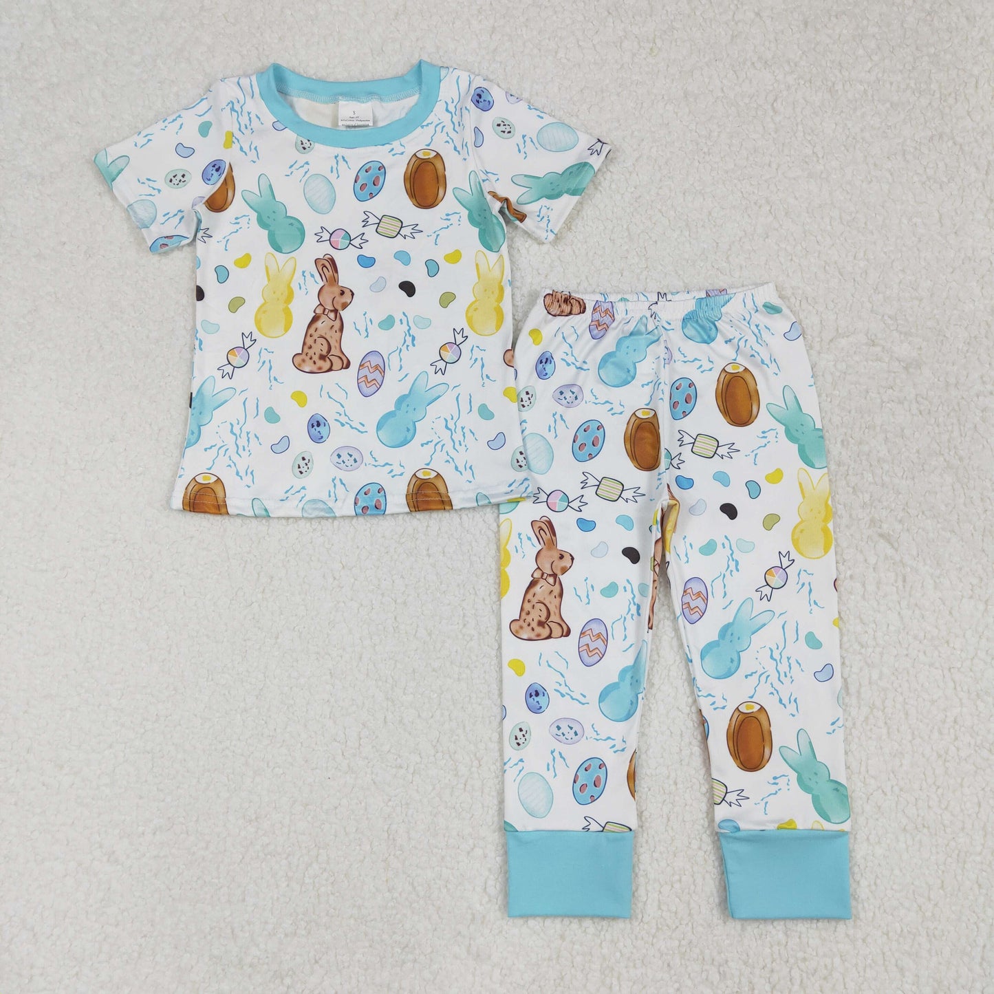 BSPO0557 Easter Bunny Egg Candy Blue and White Short Sleeve Long Pants Pajama Set