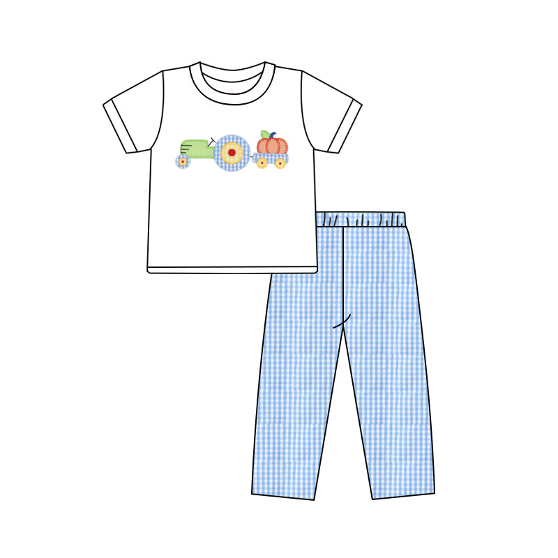 presale BSPO0572 Baby Boys White Short Sleeves Truck Pumpkins Top Blue Plaid Pant Set D 5.14