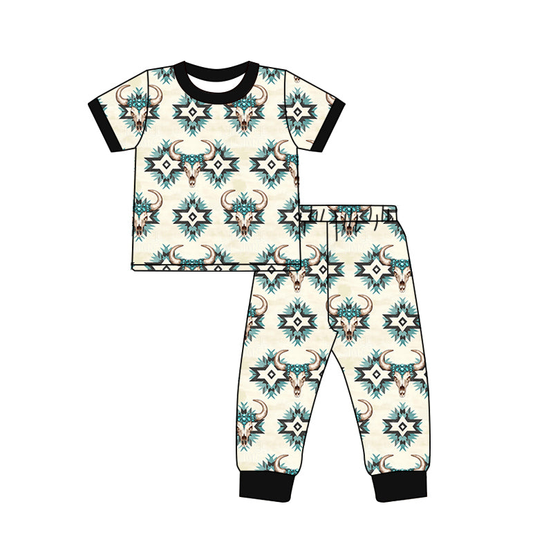 presale BSPO0574 Baby Boys Short Sleeves Aztec Bull Skull Top Pant Pajamas Set D 5.23