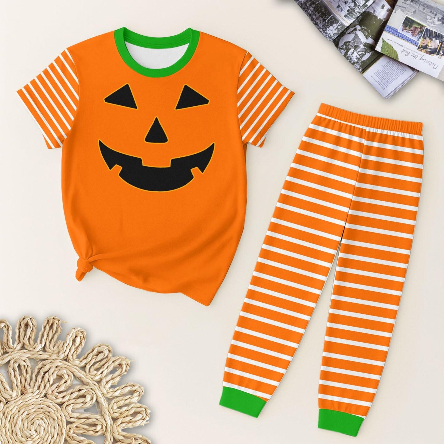 presale BSPO0578 Baby Boys Short Sleeves Ghost Pumpkin Top Stripes Legging Pant Pajamas Set D 7.4