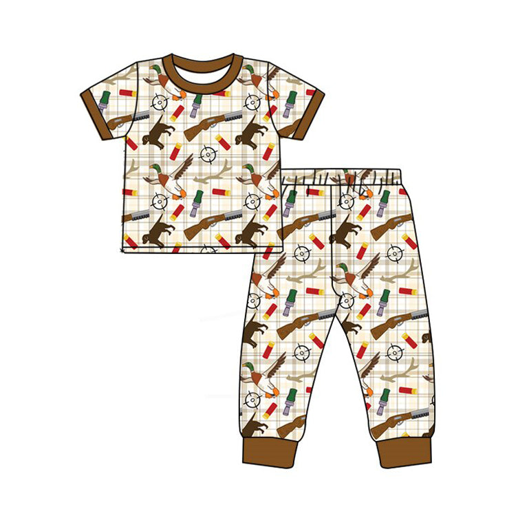 presale BSPO0634 Baby Boys Khaki Checked Dogs Ducks Top Pants Hunting Pajamas Sets D 1127