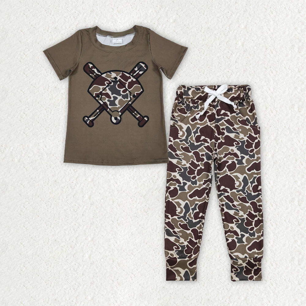 Baby Boys Southern Dark Khaki Camouflage Baseball Top with Pockets Legging Pants Set Team Uniform Clothing Set