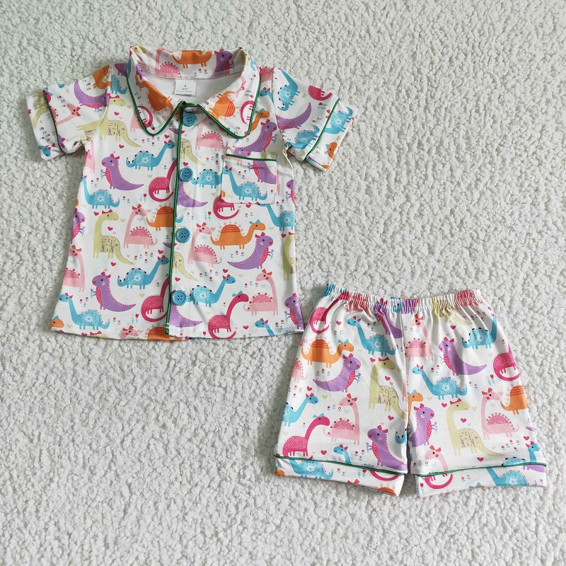 BSSO0052 Boys Colorful Dinosaur Button Short Sleeve Shorts Set