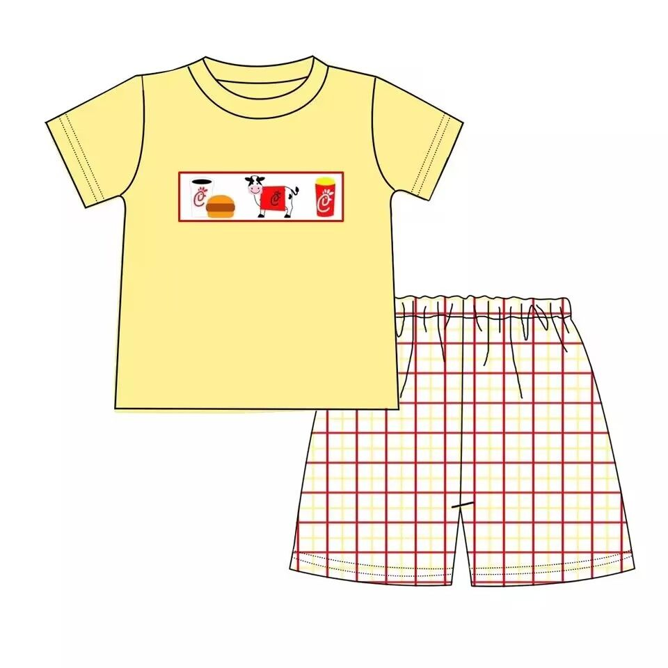 BSSO0112 Boys Embroidered Cow Burger Yellow Short Sleeve Shorts Set D 816