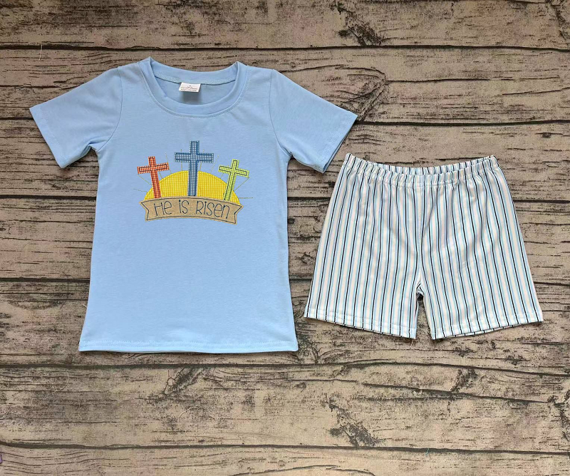 BSSO0356 Cross blue short sleeve striped shorts suit