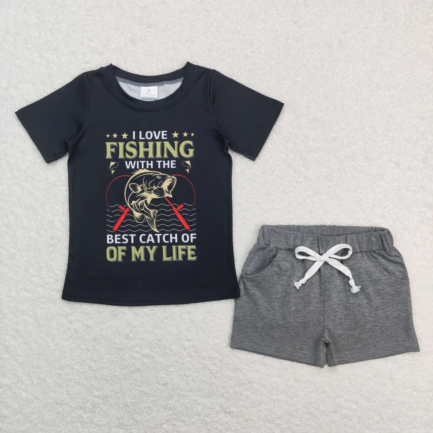 BSSO0474 Baby Boys Fishing Life Tee Shirts Grey Shorts Summer Clothes Sets