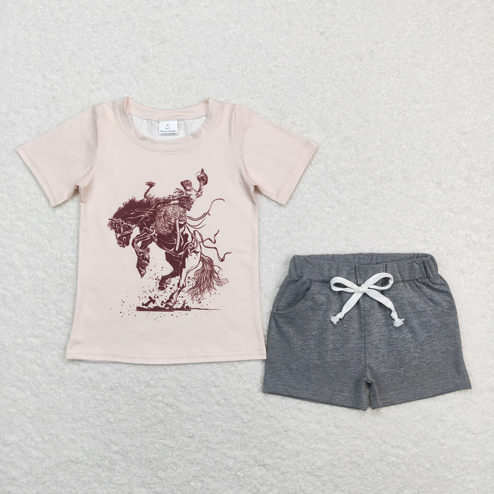 BSSO0476 Baby Boys Western Rodeo Tee Shirts Grey Shorts Summer Clothes Sets