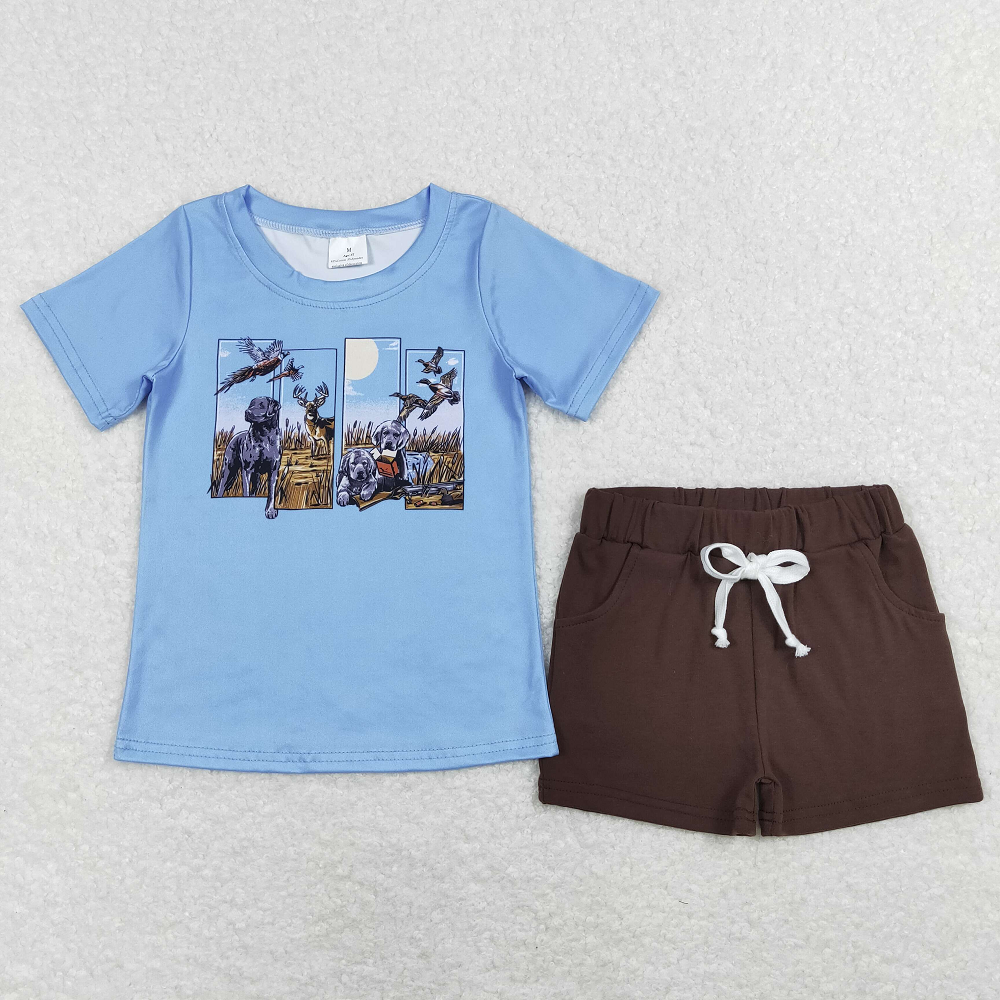 BSSO0488 Baby Boys Dog Hunting Duck Tee Shirts Brown Shorts Summer Clothes Sets