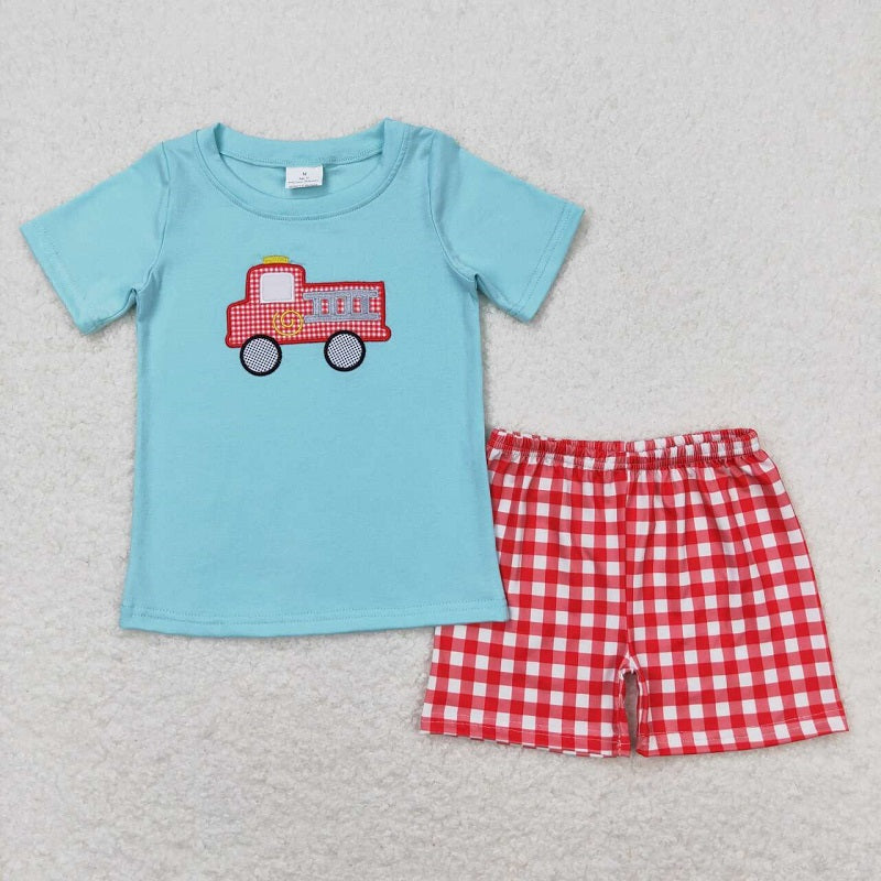 BSSO0549 Embroidered Fire Engine Blue Short Sleeve Red Plaid Shorts Suit D 6.3