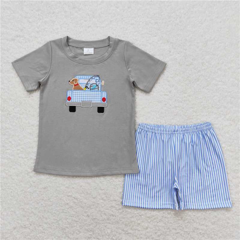 Match Embroidery Baby Boys Dog Fishing Rompers Clothes Sets D 4.1