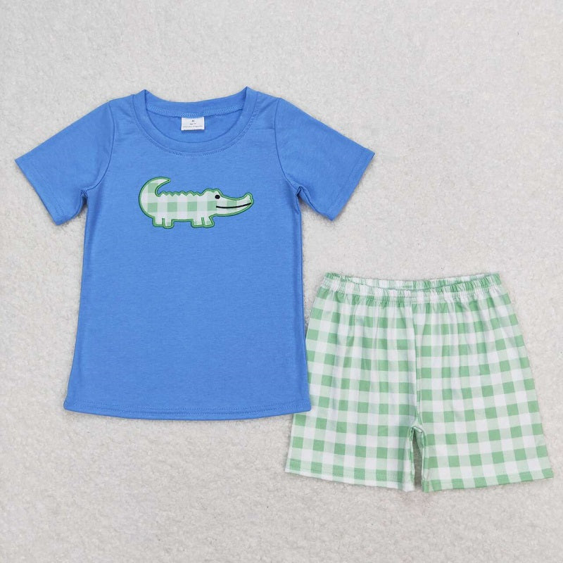 BSSO0736 Embroidered Crocodile Blue Short Sleeve Green Plaid Shorts Set D 4.24