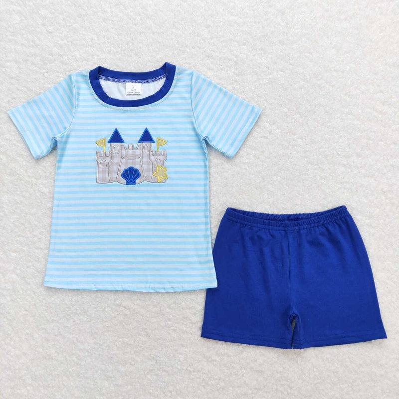 BSSO0747 Embroidered shell star castle striped short-sleeved blue shorts suit D 5.22