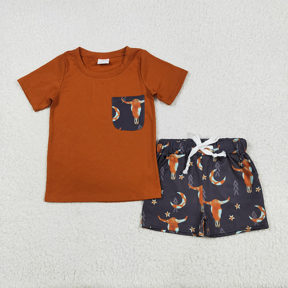BSSO0758 Baby Boys Brown Shirt Top Cow Stars Western Shorts Clothes Sets D 6.2