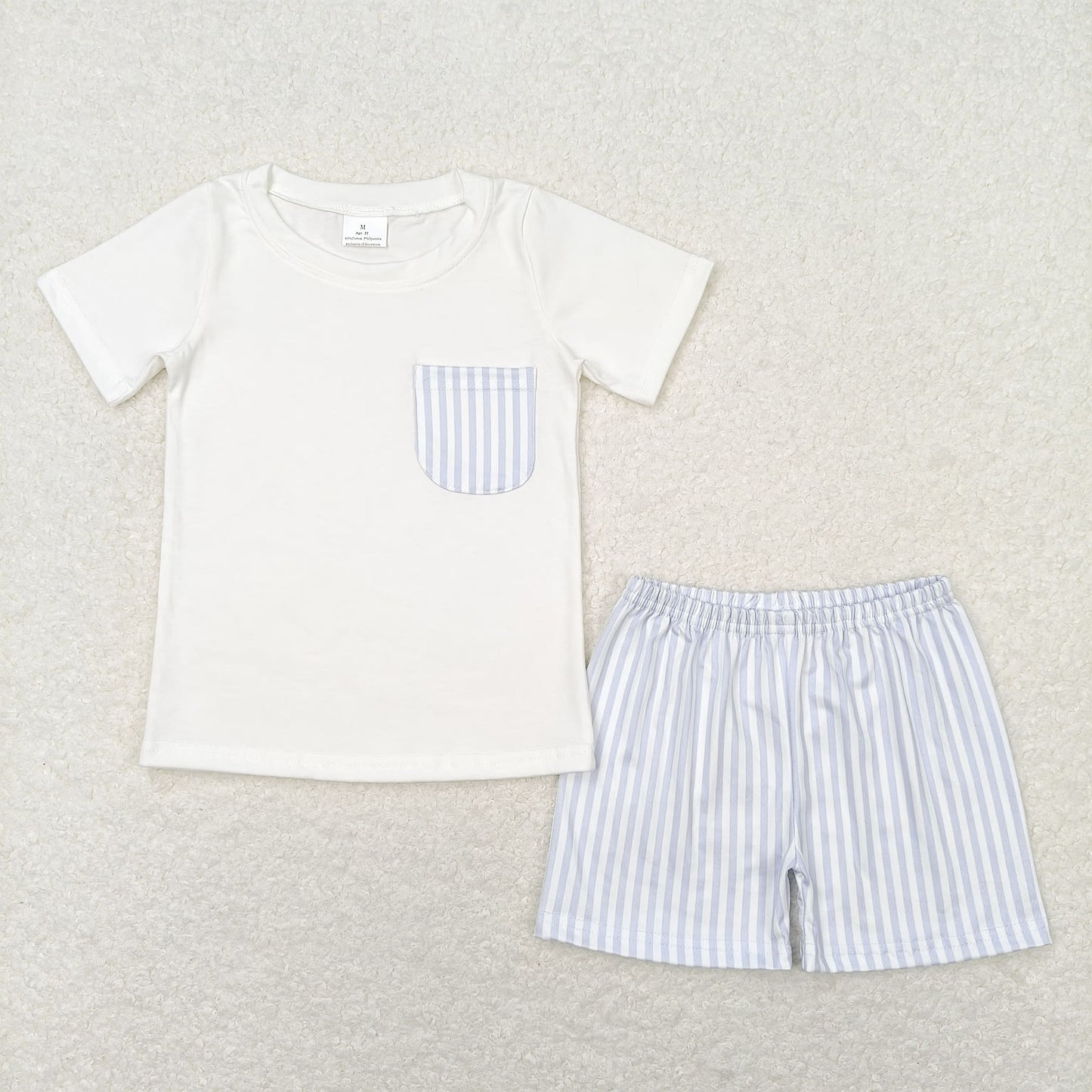 BSSO0764 Blue and White Striped Pocket Short Sleeve Shorts Set D 6.10